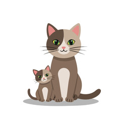 Obraz premium An illustration of a large and small brown cat sitting together on a gray shadow with a white background.