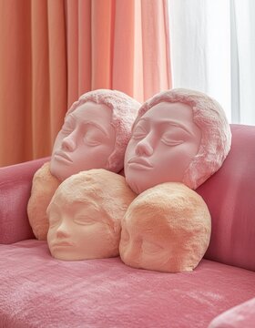 Soft, plush, pastel pink pllows in the shape of huma heads