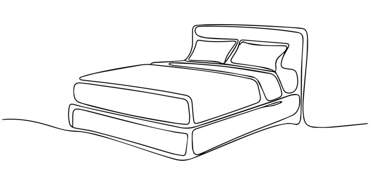 Continuous one line drawing of double bed. Doodle hand drawn vector illustration, Editable Stroke, Double bed with the pillows in continuous one line drawing design. Minimalist single line draw of bed