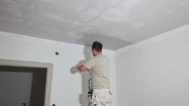 Close up view of worker applying plaster on ceiling corner during apartment interior renovation. Sweden.
