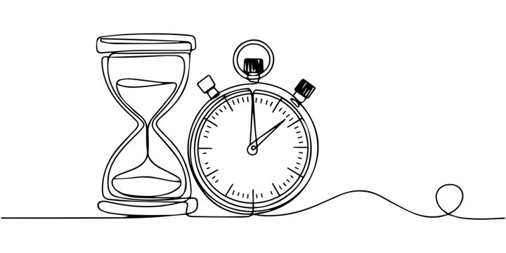 timer icon continuous one line drawing, A minimalist illustration of a modern alarm clock is depicted in a simple line drawing isolated on a white background, Minimalist hourglass sand timer