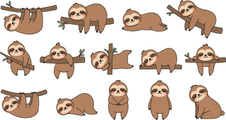 sloth cartoon vector set. Adorable sloths sleeping, hanging, and relaxing on tree branches. Kawaii jungle animal illustration collection, isolated on white background.