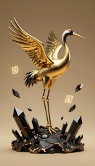 Obraz premium Elegantly Designed Golden Crane Statue with Spreading Wings and Crystal Base on Light Background