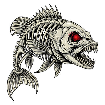 skeleton bass fish illustration with red eyes and sharp teeth for fishing mascot design