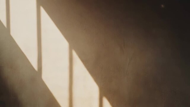 Warm sunlight streams through a window, casting distinct, parallelogram shaped shadow patterns across a textured, neutral toned wall, creating an abstract and serene atmospheric background
