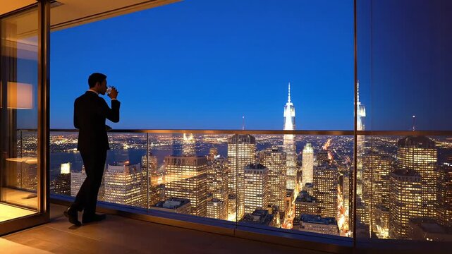 Elegant businessman enjoying a nighttime cityscape view from a luxurious balcony, sipping a drink