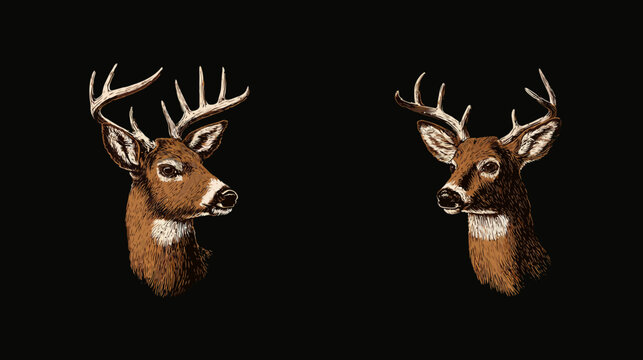 Vintage Style Illustration of Two Majestic Buck Deer Heads with Antlers, Facing Opposite Directions on a Black Background