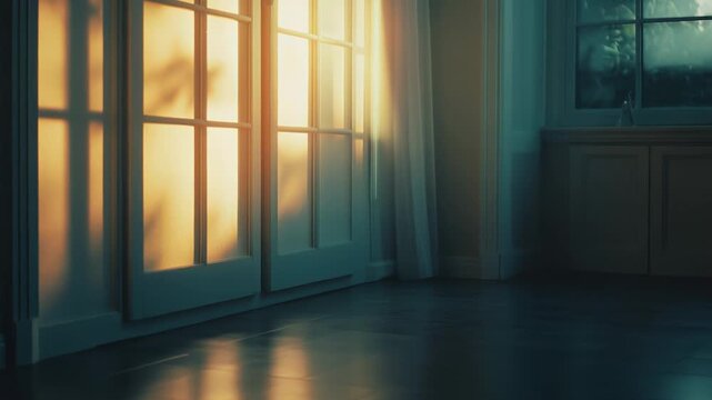 Golden sunlight streaming through elegant glass doors, creating warm reflections and distinct shadows on the interior floor, conveying a sense of tranquil domestic comfort and natural illumination