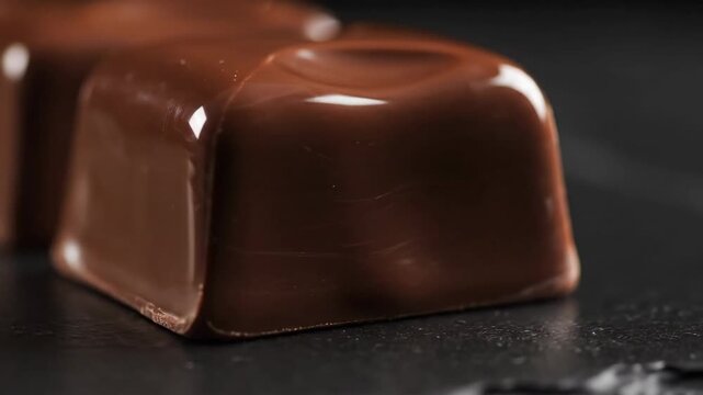 Glistening dark chocolate cube on a black stone surface