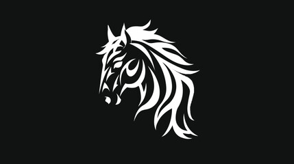 Fototapeta premium Stylized Tribal White Horse Head Graphic Design on Black Background - Majestic Animal Emblem