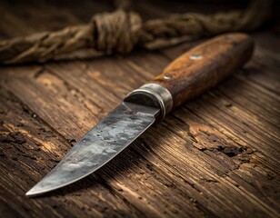 old Swiss knife on a wooden background