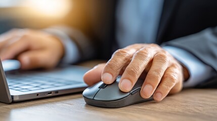 Businessman Using Computer Mouse and Laptop in Office Setting