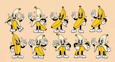 Set of 10 dancing banana cartoon characters vector