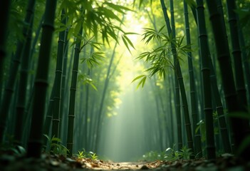 Fototapeta premium Dense Bamboo Grove Sunlit Green Stalks Ethereal Fauna Shadows Motion Captivating Atmosphere