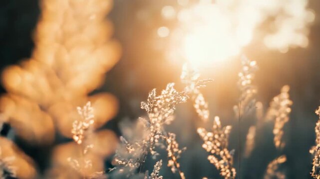 Goldenrod plants bathed in the warm, late afternoon sun create a tranquil, out of focus background, highlighting natural beauty and the serene atmosphere