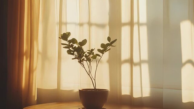 Potted green plant sits on a round wooden table, bathed in warm morning light filtering through sheer curtains, creating soothing window pane shadows and a peaceful home interior