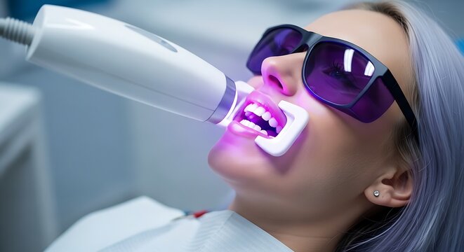 Patient undergoing teeth whitening with UV light and protective goggles