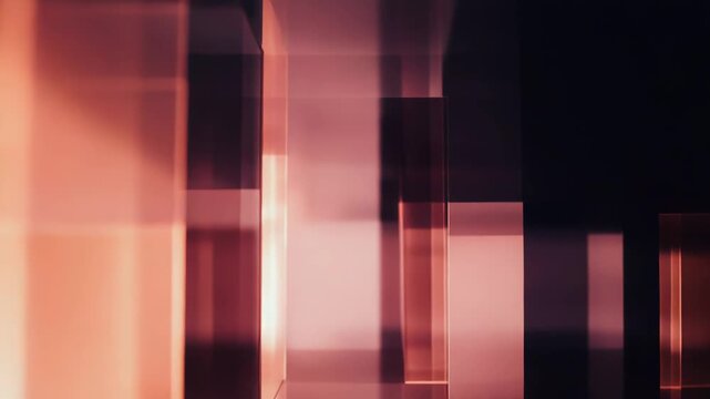 Abstract background presenting overlapping geometric shapes and lines reflecting warm copper and orange light, creating a modern, structured, and elegant visual experience