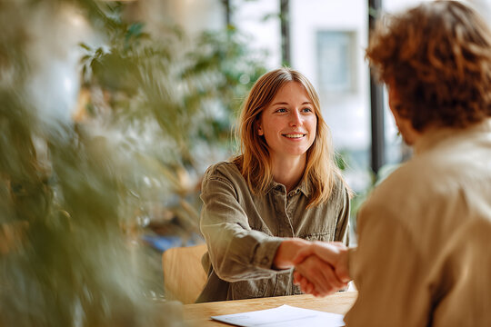 Smiling young woman shaking hands with interviewer in a bright office setting &mdash; successful job interview, agreement and professional connection
