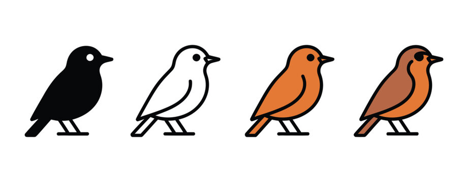nightingale bird icon, consistent pose and proportions in black solid, glyph, outline minimal, flat multicolor filled, and cartoon styles,