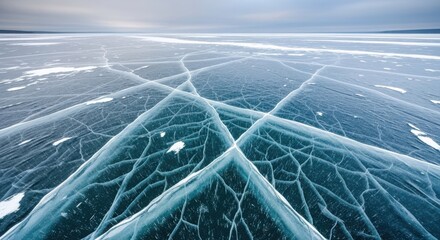Cracked ice surface texture with intersecting lines geometric natural patterns on frozen lake.
