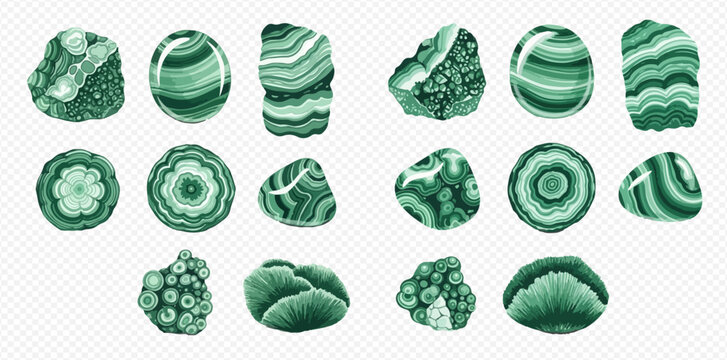Set of malachite stones with various shapes and patterns, including polished, raw, and cut specimens, showcasing natural green hues and unique textures.