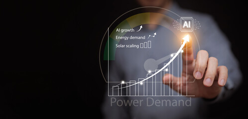 AI growth and increasing power demand with solar scaling. Hand draws rising chart of growing artificial intelligence and energy needs for power consumption of artificial intelligence infrastructure.