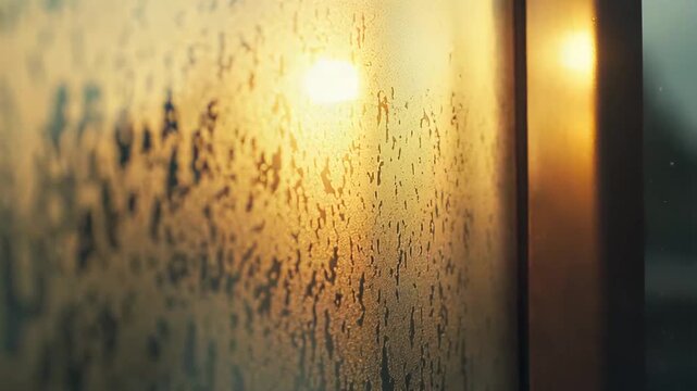 Raindrops condensing on a glass surface, creating an abstract and textured pattern illuminated by a warm, blurred golden light, offering a calm and atmospheric background