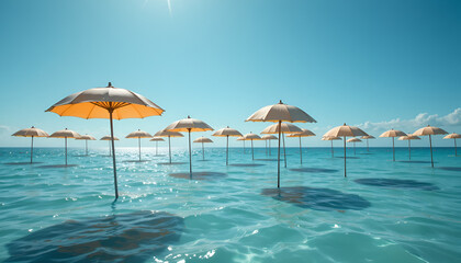 Fototapeta premium A serene beach scene with numerous umbrellas standing in the calm and clear turquoise ocean water under a bright blue sky.
