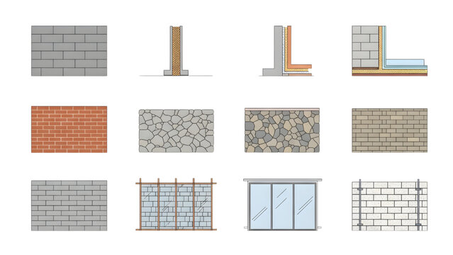 Architectural Wall Types CAD Vector Set: Technical Floor Plan Hatches, Structural Section Symbols, Insulation Patterns, and Masonry Layouts for Blueprints