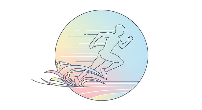 Stunning runner silhouette surfing on vibrant wave with pastel sunset background