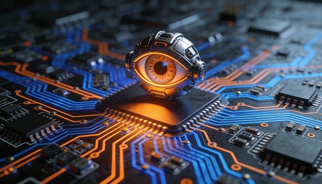 Futuristic Robotic Eye with Glowing Orange Iris on Computer Circuit Board. Artificial Intelligence Vision and Cyber Security Surveillance Concept. Digital Technology Background 3D Illustration