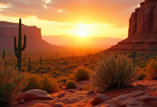 Golden Sunset Over Vibrant Cacti and Fiery Red Rocks Embracing Endless Desert Serenity
