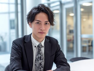 オフィスで真剣な表情を見せるスーツ姿のビジネスマンの仕事風景