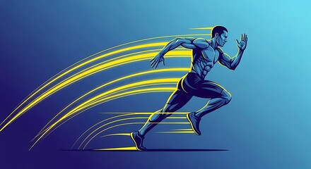 Obraz premium Dynamic runner in motion with speed lines on blue background