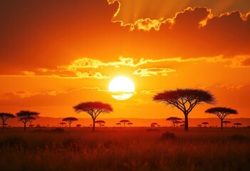 Lone Acacia Trees Under Fiery Sunset in Golden Savannah Grasslands