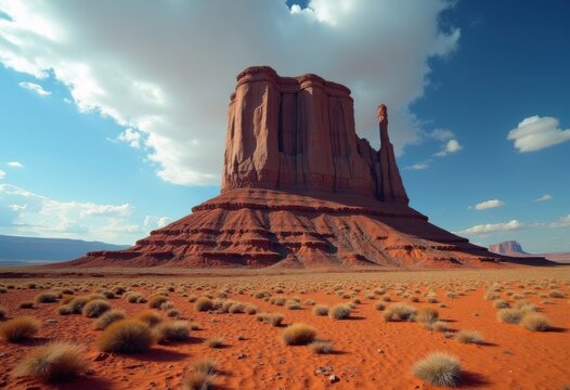 Isolated Butte Hill Desert Formation Presenting Steep Ridges and Barren Slopes Underneath a Blue Sky