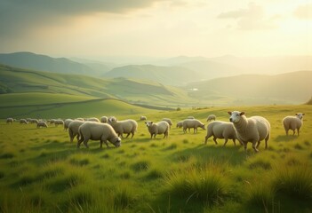 Fototapeta premium Pastoral Green Pastures Grazing Sheep Peaceful Countryside Charm Serenity