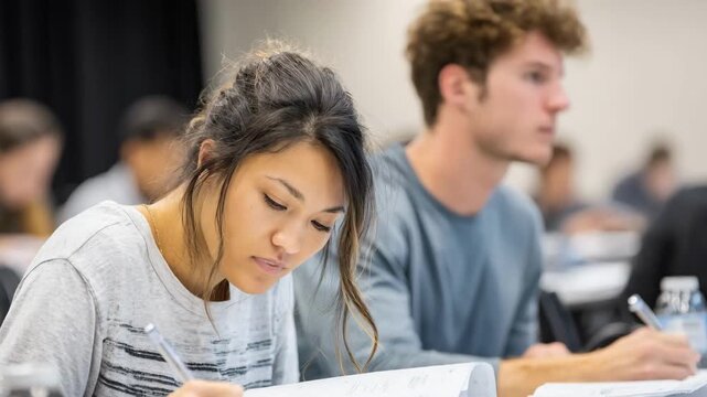 Medium shot of two students concentrating on their tests in a staged exam room with a practice proctor faintly visible behind them.