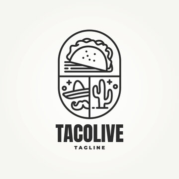 taco line art emblem icon logo vector illustration design. street food, restaurant, and franchise badge logo concept
