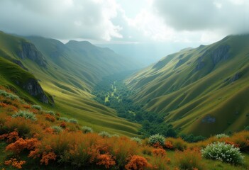 Obraz premium Serene Highland Basin Surrounded by Unique Curvilinear Forms and Lush Foliage