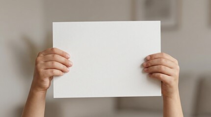 Obraz premium Child holding a blank white paper sign for messages or drawings
