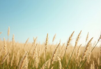 Naklejka premium Swaying Tallgrass Prairie Under Soft Azure Sky Dynamic Windswept Scene Minimalist Aesthetics