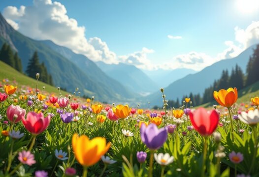 Vibrant Alpine Meadow Flourishing with Colorful Spring Flowers and Sunshine Under Clear Blue Sky