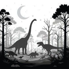 Dinosaur era night silhouette vector with dinosaurs, moon, stars, trees, and uneven terrain on white background-01.eps © MDSHAMSUDDIN