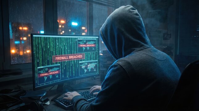 Hooded figure in dark room hacking computer system with firewall breach alerts on screen