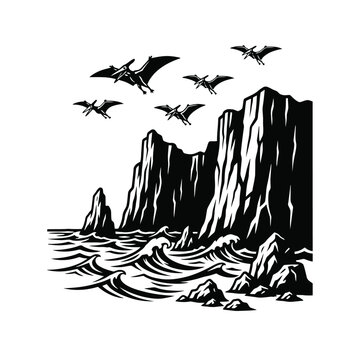 Dinosaur era silhouette vector with flying Pterodactyls above cliffs, ocean waves, and coastal rocks on white background-01.eps