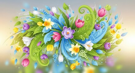 Vibrant floral arrangement with tulips daffodils crocus and swirling green leaves