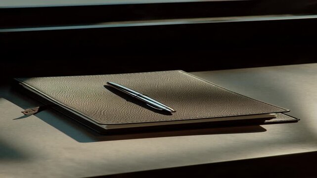 A leather journal with a pen on a table in a dimly lit room.