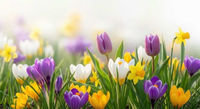 Colorful spring crocus and daffodil flowers blooming in sunny garden field with soft bokeh